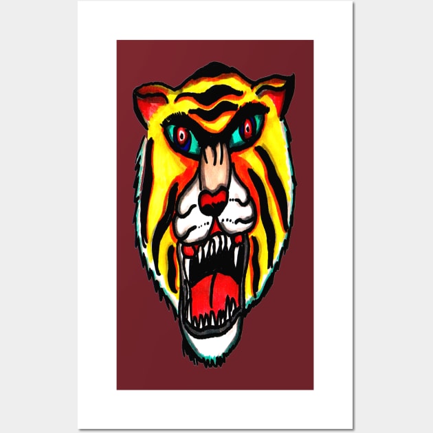 Psychadelic Fierce Tiger Head Design Tattoo Wall Art by pitstopart